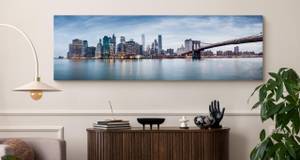 Tableau Panorama New York Architecture Beige - Bleu - Gris - Blanc - Textile - 145 x 45 x 45 cm