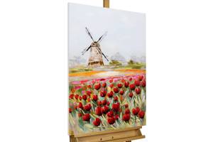 Tableau Saison des tulipes en Hollande Rouge - Bois massif - Textile - 60 x 90 x 4 cm