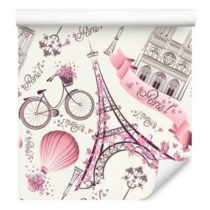 TAPETE Paris Eiffelturm Blumen Fahrräder Beige - Braun - Violett - Papier - 53 x 1000 x 1000 cm