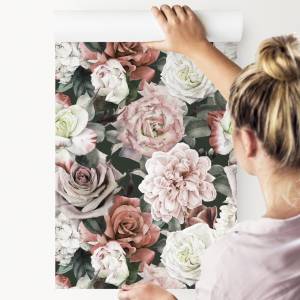 Papier Peint fleurs feuilles nature Vert - Rose foncé - Papier - 53 x 1000 x 1000 cm