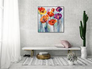 Acrylbild handgemalt Bunter Blumengruß Massivholz - Textil - 80 x 80 x 4 cm