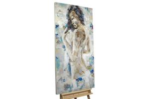 Tableau peint Love at First Sight Bleu - Bois massif - Textile - En partie en bois massif - 60 x 120 x 4 cm