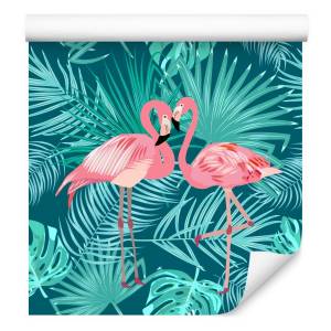 Papier Peint flamants feuilles exotiques Bleu - Vert - Turquoise - Papier - 53 x 1000 x 1000 cm