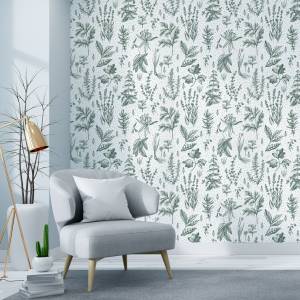 Papier Peint fleurs feuilles plantes Vert - Blanc - Papier - 53 x 1000 x 1000 cm