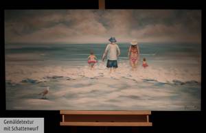 Tableau peint Du temps pour la famille Bleu - Blanc - Bois massif - Textile - 120 x 60 x 4 cm