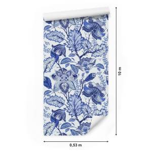 Papier Peint fleurs feuilles modernes Bleu - Blanc - Papier - 53 x 1000 x 1000 cm