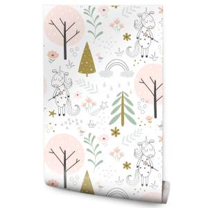 Papier Peint licornes plantes enfants Gris - Vert - Blanc - Papier - 53 x 1000 x 1000 cm