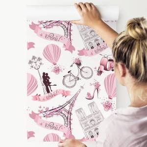 Papier Peint Paris tour Eiffel ballons Noir - Mauve - Blanc - Papier - 53 x 1000 x 1000 cm