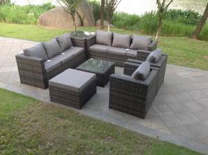 9 Sitzer Rattan Sofa Gartenmöbel Set Grau - Polyrattan - Stein - 65 x 66 x 177 cm