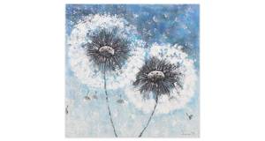 Tableau peint à la main Pompon Flowers Bleu - Blanc - Bois massif - Textile - 80 x 80 x 4 cm