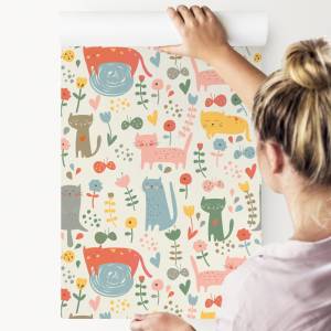 Papier Peint Pour Enfants CHATS Plantes Bleu - Gris - Vert - Rouge - Papier - Textile - 53 x 1000 x 1000 cm