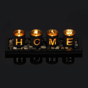 Teelichthalter "Home" mit Tablett Schwarz - Gold - Grau - Holzwerkstoff - Glas - Stein - 33 x 8 x 12 cm