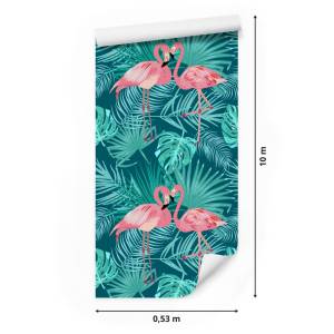 Papier Peint flamants feuilles exotiques Bleu - Vert - Turquoise - Papier - 53 x 1000 x 1000 cm