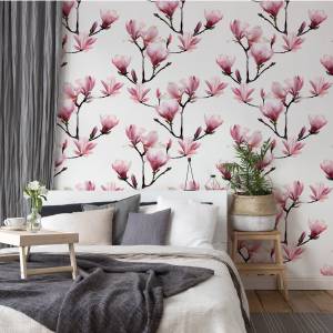 Papier Peint MAGNOLIA Fleurs Plantes Noir - Vert - Rose foncé - Blanc - Papier - Textile - 53 x 1000 x 1000 cm