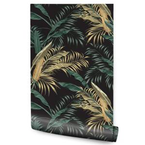 Papier Peint feuilles tropicales plantes Beige - Noir - Marron - Vert - Papier - 53 x 1000 x 1000 cm