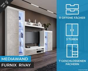 RIVAY Wohnwand 270cm Weiß-Beton ohne LED Beton Dekor - Grau - Weiß