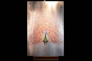 Tableau peint Bird of the Spring Rose foncé - Bois massif - Textile - 80 x 120 x 4 cm