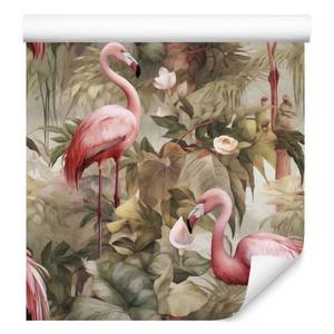 Papier Peint Flamants Feuilles Fleurs Beige - Marron - Gris - Rose foncé - Papier - Textile - 53 x 1000 x 1000 cm