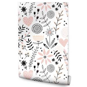 Papier Peint fleurs feuilles cœurs Beige - Noir - Blanc - Papier - 53 x 1000 x 1000 cm