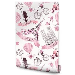 Papier Peint Paris tour Eiffel ballons Noir - Mauve - Blanc - Papier - 53 x 1000 x 1000 cm