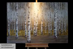 Bild handgemalt Morgentau im Birkenwald Gold - Massivholz - Textil - 150 x 100 x 4 cm