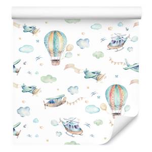 Papier Peint avions ballons nuages Beige - Bleu - Vert - Blanc - Papier - 53 x 1000 x 1000 cm