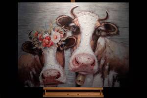 Tableau peint Queens of the Pasture Marron - Blanc - Bois massif - Textile - 100 x 70 x 4 cm