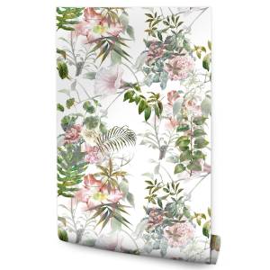 Tapete tropische Pflanzen BLUMEN Blätter Beige - Grün - Weiß - Papier - Textil - 53 x 1000 x 1000 cm