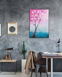Acrylbild handgemalt Flower Tale Blau - Pink - Massivholz - Textil - 60 x 90 x 4 cm