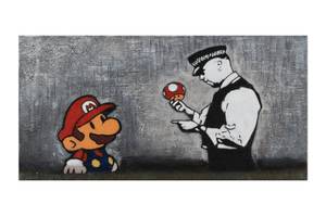 Bild handgemalt Banksy's Police Control Schwarz - Rot - Weiß - Massivholz - Textil - Holz teilmassiv - 120 x 60 x 4 cm