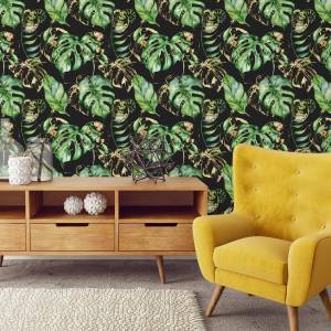 Papier Peint FEUILLES Tropicales Nature Beige - Noir - Vert - Papier - Textile - 53 x 1000 x 1000 cm