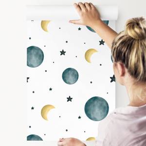 Papier Peint Pour Enfants LUNES Étoiles Bleu - Blanc - Jaune - Papier - Textile - 53 x 1000 x 1000 cm