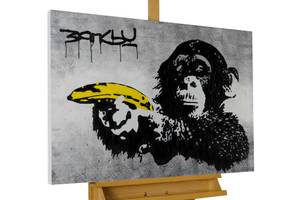 Tableau peint Banksy's Banana Joy Jaune - Bois massif - Textile - En partie en bois massif - 100 x 75 x 4 cm