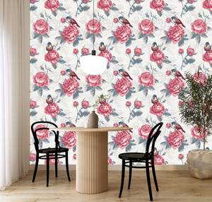 Papier Peint Feuilles Fleurs Oiseaux Marron - Gris - Rose foncé - Papier - Textile - 53 x 1000 x 1000 cm