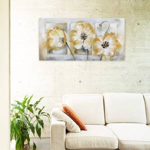 Tableau peint à la main Bébés fleurs Blanc - Jaune - Bois massif - Textile - 120 x 60 x 4 cm