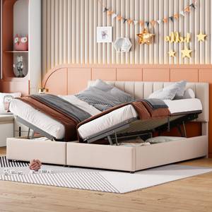 Stauraumbett Juna Beige - Holzwerkstoff - Massivholz