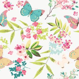 Papier Peint PAPILLONS Fleurs Feuilles Beige - Bleu - Vert - Blanc - Papier - Textile - 53 x 1000 x 1000 cm