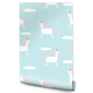 Papier Peint Pour Enfant LICORNES Nuages Bleu - Rose foncé - Blanc - Papier - Textile - 53 x 1000 x 1000 cm