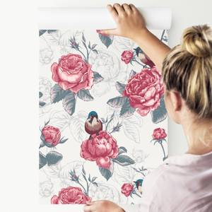 Papier Peint Feuilles Fleurs Oiseaux Marron - Gris - Rose foncé - Papier - Textile - 53 x 1000 x 1000 cm