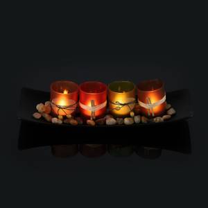 Teelichthalter Set mit Tablett Schwarz - Braun - Grün - Holzwerkstoff - Glas - Stein - 34 x 8 x 13 cm