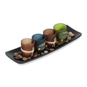 Bunte Teelichthalter mit Tablett Schwarz - Braun - Grün - Holzwerkstoff - Glas - 30 x 8 x 12 cm