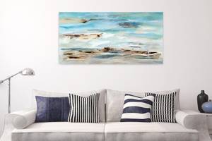 Tableau Vagues dans la brume du matin Bleu - Gris - Bois massif - Textile - 140 x 70 x 4 cm