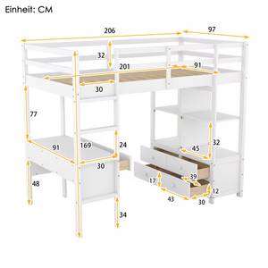 Lit mezzanine Minerva Ⅲ Blanc - Bois manufacturé - Métal - Bois massif - 97 x 169 x 206 cm