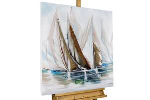 Tableau peint à la main En haute mer Marron - Bois massif - Textile - 80 x 80 x 4 cm