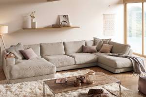 Sofa MADELINE Wohnlandschaft Cord Taupe - Armlehne davorstehend rechts - Longchair davorstehend links