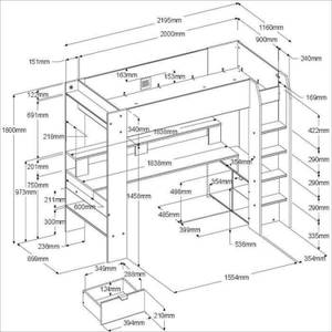 Lit mezzanine Pharell Noir - Bois manufacturé - 220 x 180 x 116 cm