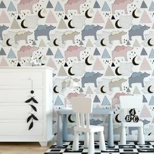 Papier Peint pour enfants ours montagnes Beige - Noir - Bleu - Gris - Blanc - Papier - Textile - 53 x 1000 x 1000 cm