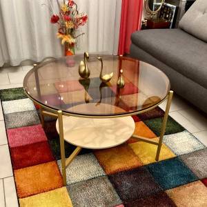 rund Couchtisch Glas Sofatisch Gold Braun - Marmor Weiß Dekor