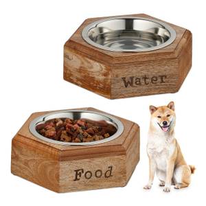 Hunde Napfset mit Holzhalterung Braun - Silber - Holzwerkstoff - Metall - 24 x 8 x 21 cm