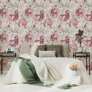 Papier Peint fleurs pivoines nature Beige - Noir - Gris - Vert - Blanc - Papier - 53 x 1000 x 1000 cm